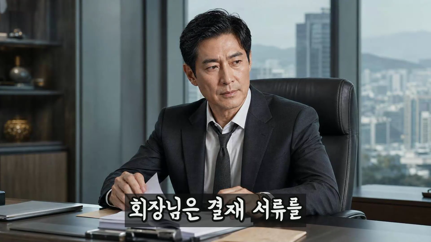 사무실에서 결재 서류를 검토하는 회장님의 실사 드라마 장면